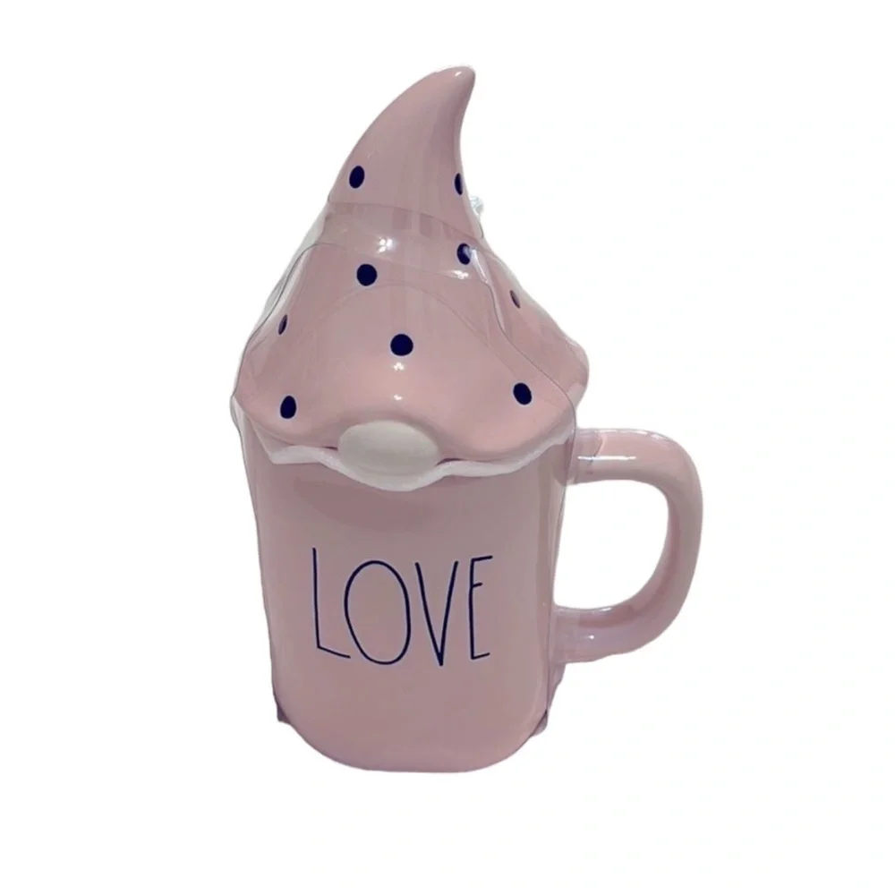 RAE DUNN Pale Pink “LOVE” Mug with Gnome Warmer Cap - BRAND NEW!!!